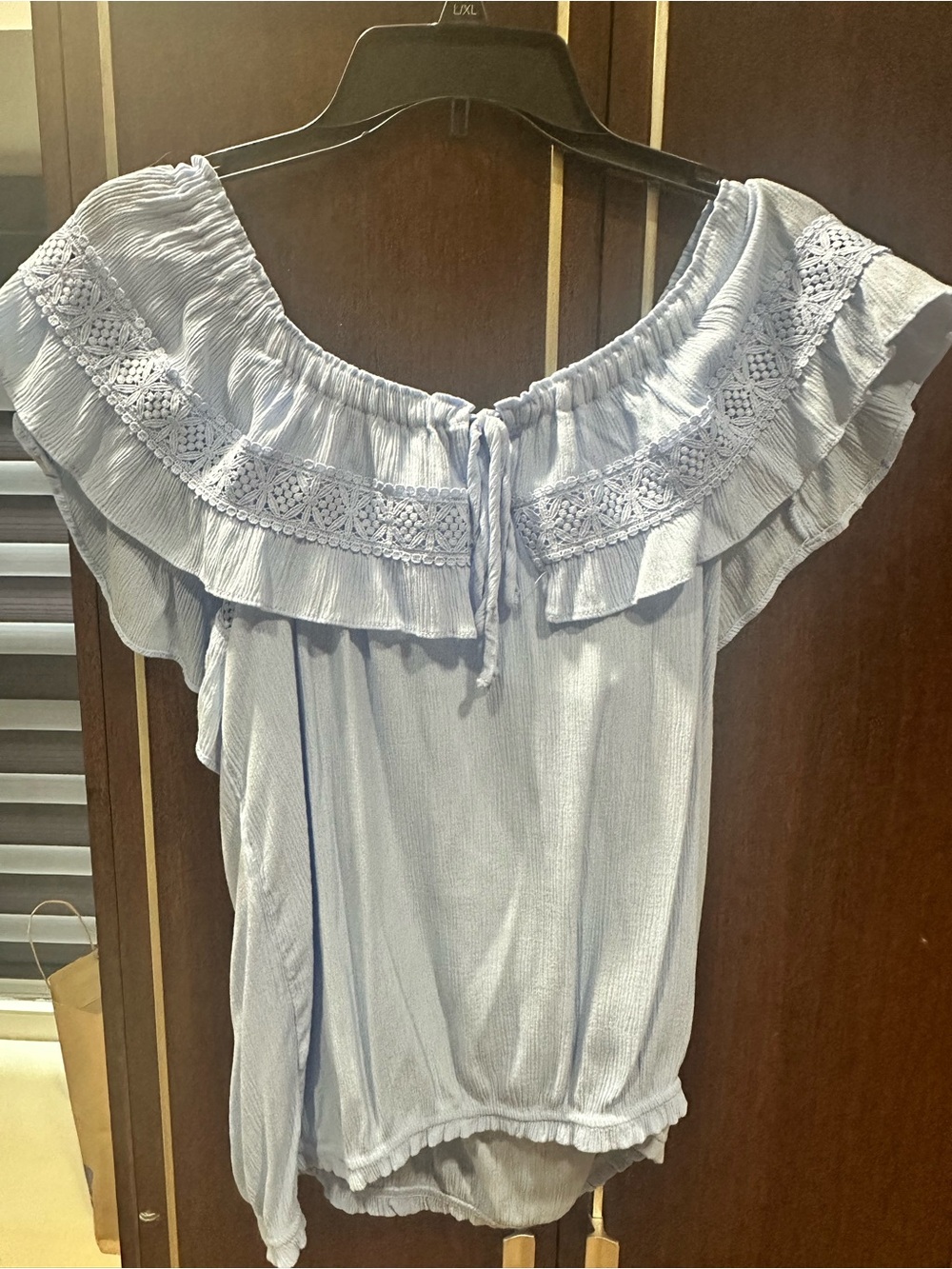 Light Blue Ruffled Off-Shoulder Blouse - Picture 2 of 5